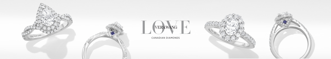 Styles from renowned bridal designer Vera Wang feature Canadian certified diamond centre stones and her signature blue sapphire accents—a symbol of everlasting love.	