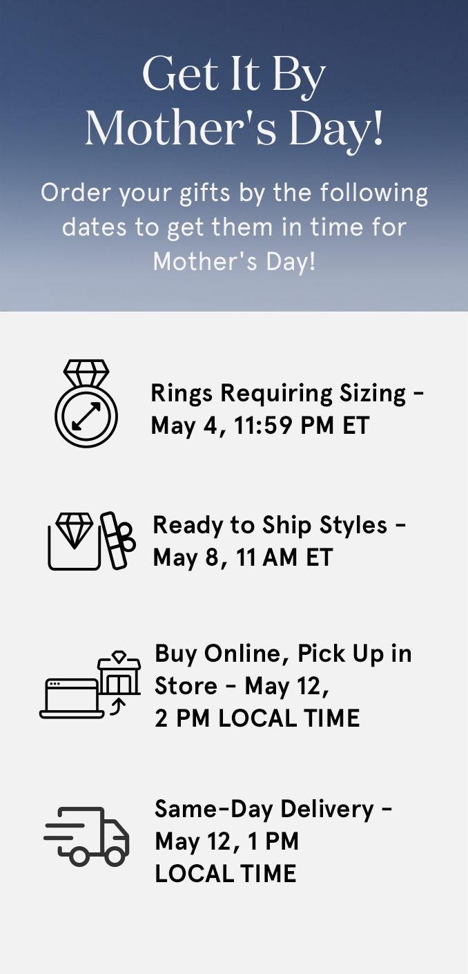 Get It By Mother's Day! - Order your gifts by the following dates to get them in time for Mother's Day!