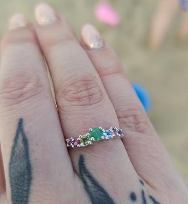 "My ring showed up before estimated time. I opened the box and was so pleased to see my beautiful family ring. This is my first family ring as a mother and i am just over the moon the it. Its beautiful 😍"