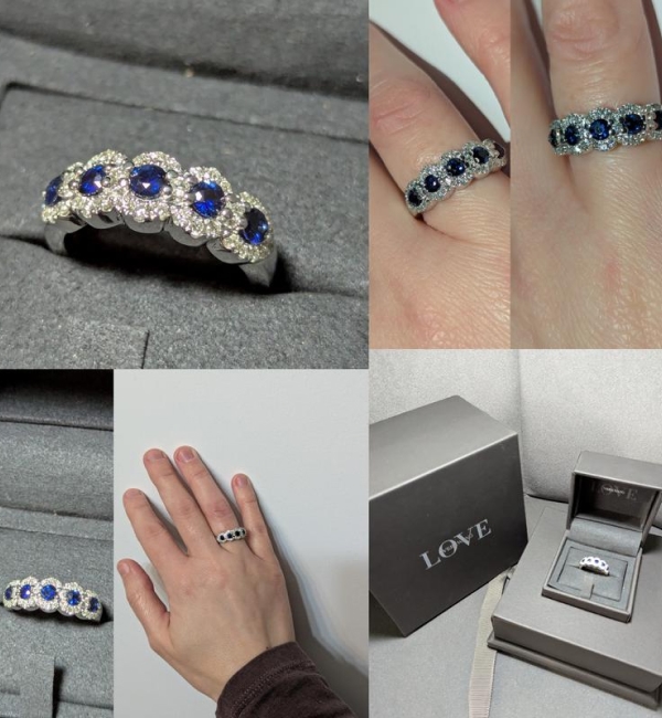 "Absolutely stunning! This ring is just stunning, so beautiful. The sapphires and diamonds make this ring. My husband bought me this ring for anniversary."		